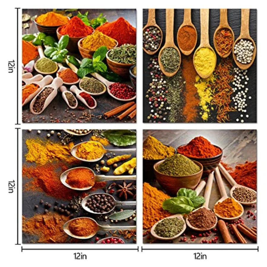 Abstract Kitchen Wall Art 4 Piece Spices And Spoons Framed Canvas Prints