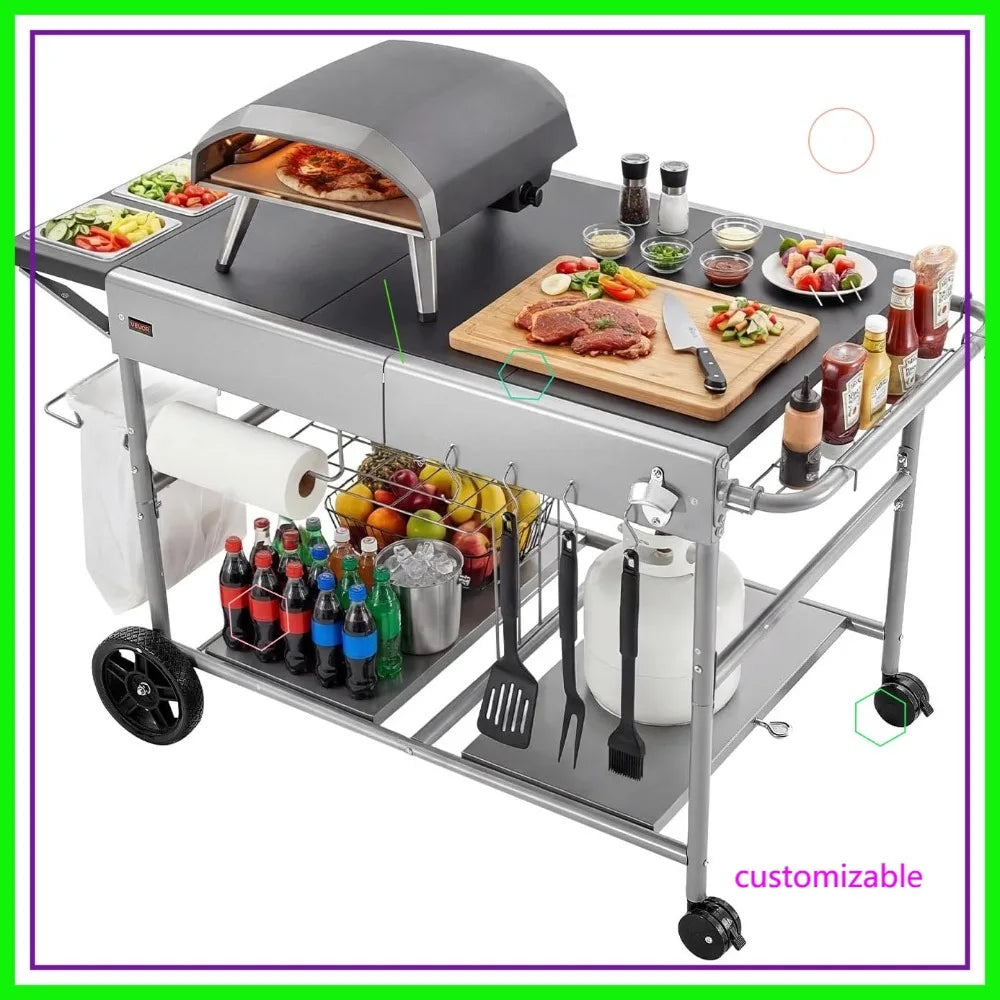 Outdoor Grill Cart With Wheels Movable BBQ Prep Table For Patio