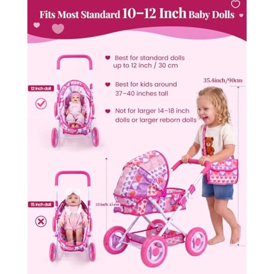 Folding Doll Pram Set With Baby Doll And 14 Accessories