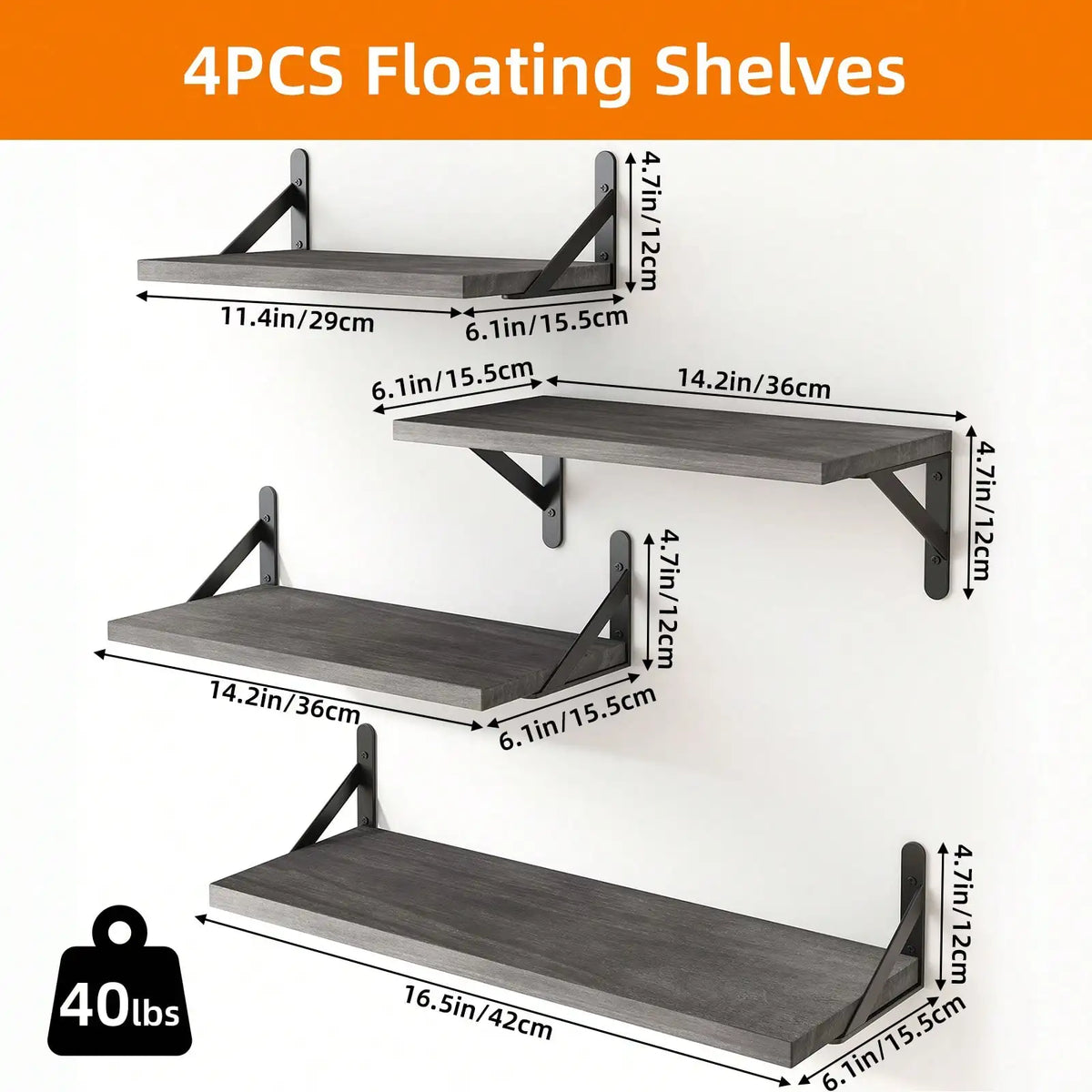 Rustic Farmhouse Floating Wall Shelves With Black Metal Brackets