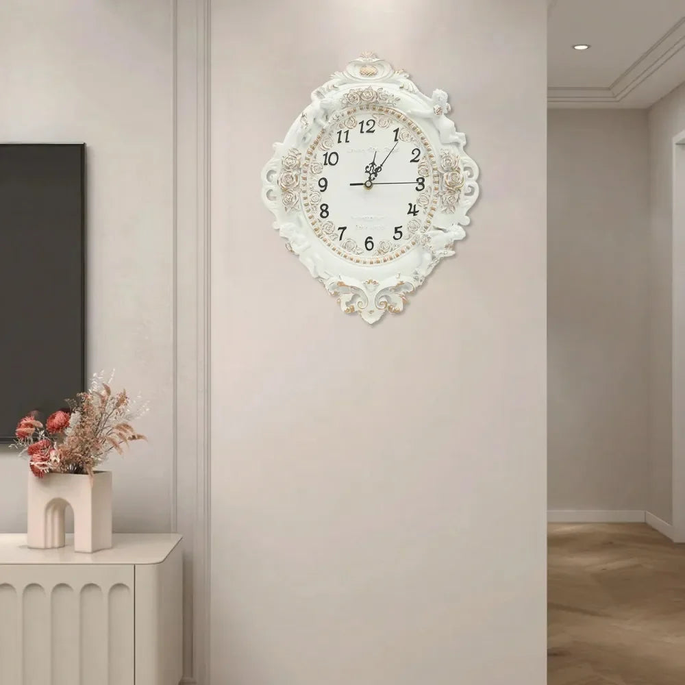 XMSJ Resin Wall Clock Retro Silent Angel And Rose Mural