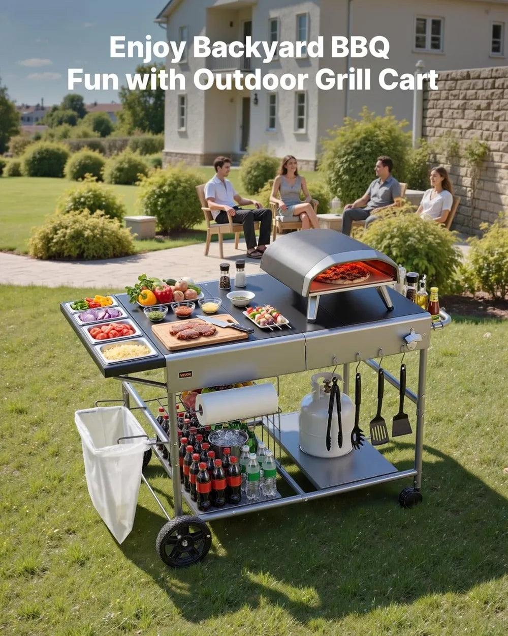 Outdoor Grill Cart With Wheels Movable BBQ Prep Table For Patio