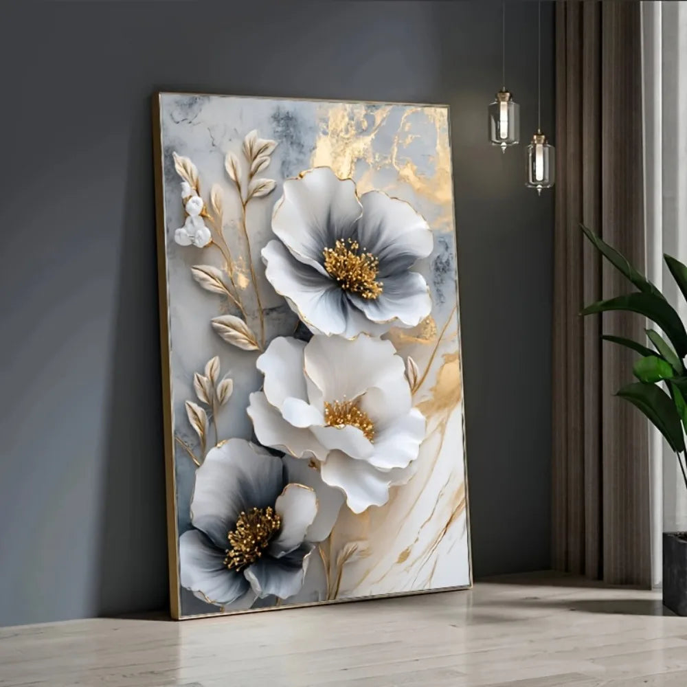Modern Luxury Floral Canvas Mural Framed 3D Floral Painting for Bedroom Decor