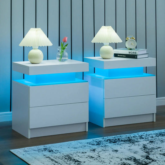 Cubehom Nightstand Set Of 2 With LED Drawers Bedside Table