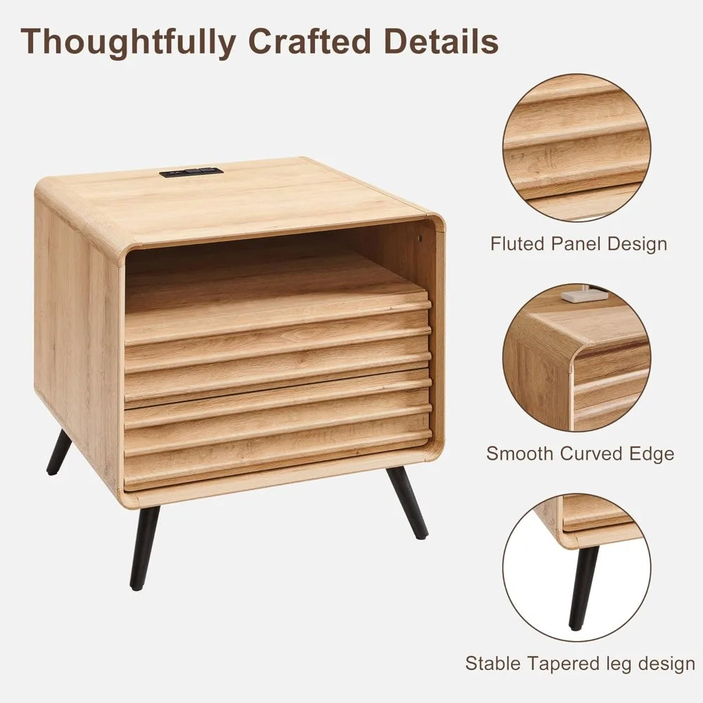 Mid Century Modern Nightstand With Charger Station And 2 Drawers