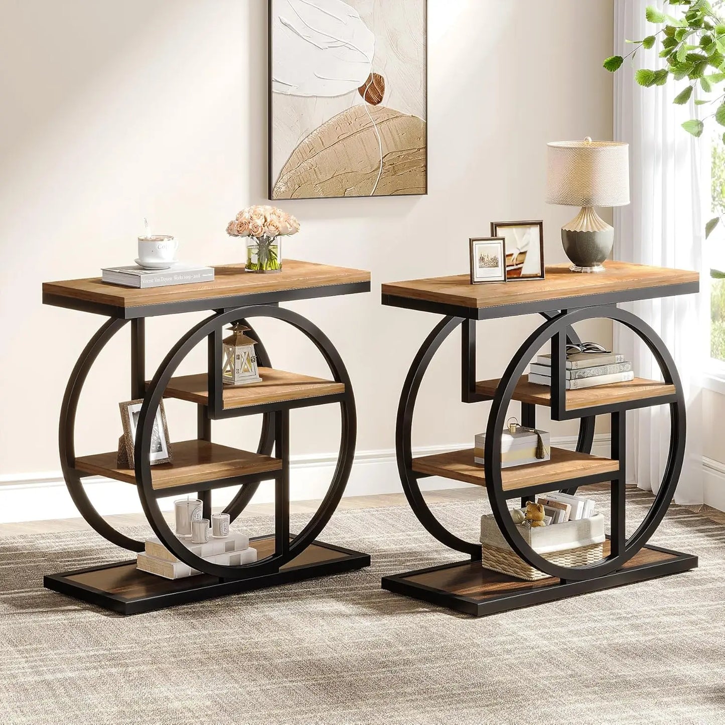 End Table Set Of 2 Timber And Metal Storage Shelves