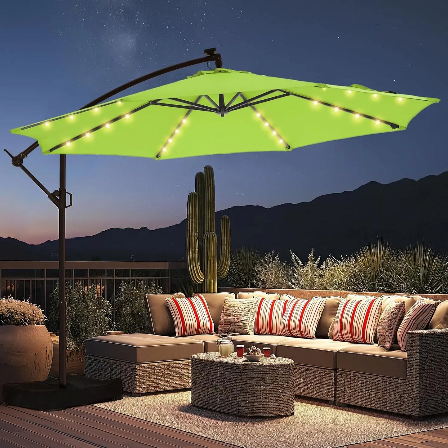 Solar Powered Offset Cantilever Umbrella With LED Lights And Base