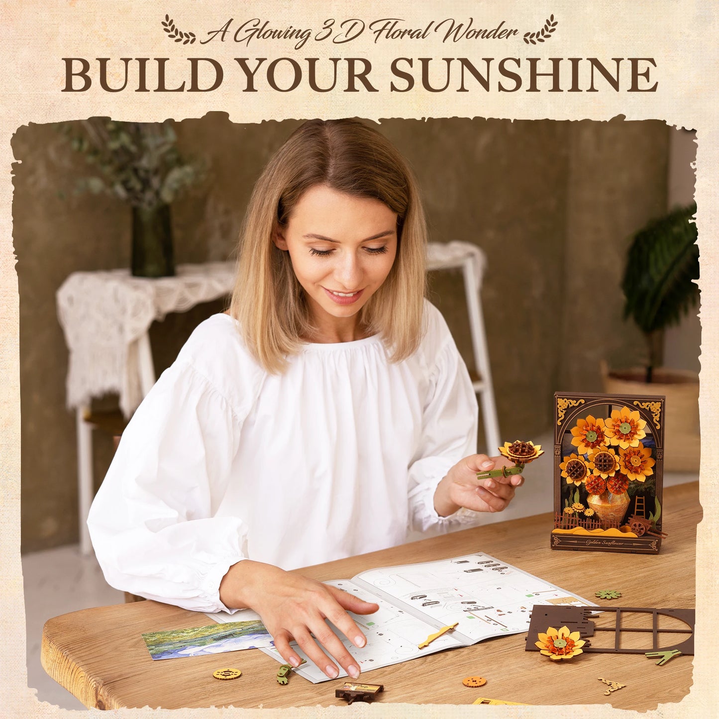 Rolife 3D Wooden Puzzle Golden Sunflower Wall Art Decor Kit