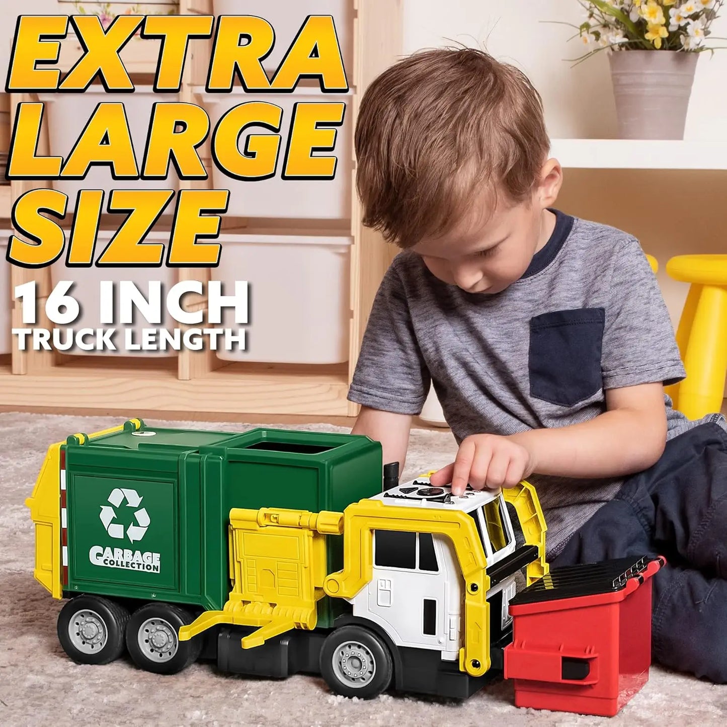 JOYFY Friction Powered Garbage Truck Toy Set With Dumpster Bins