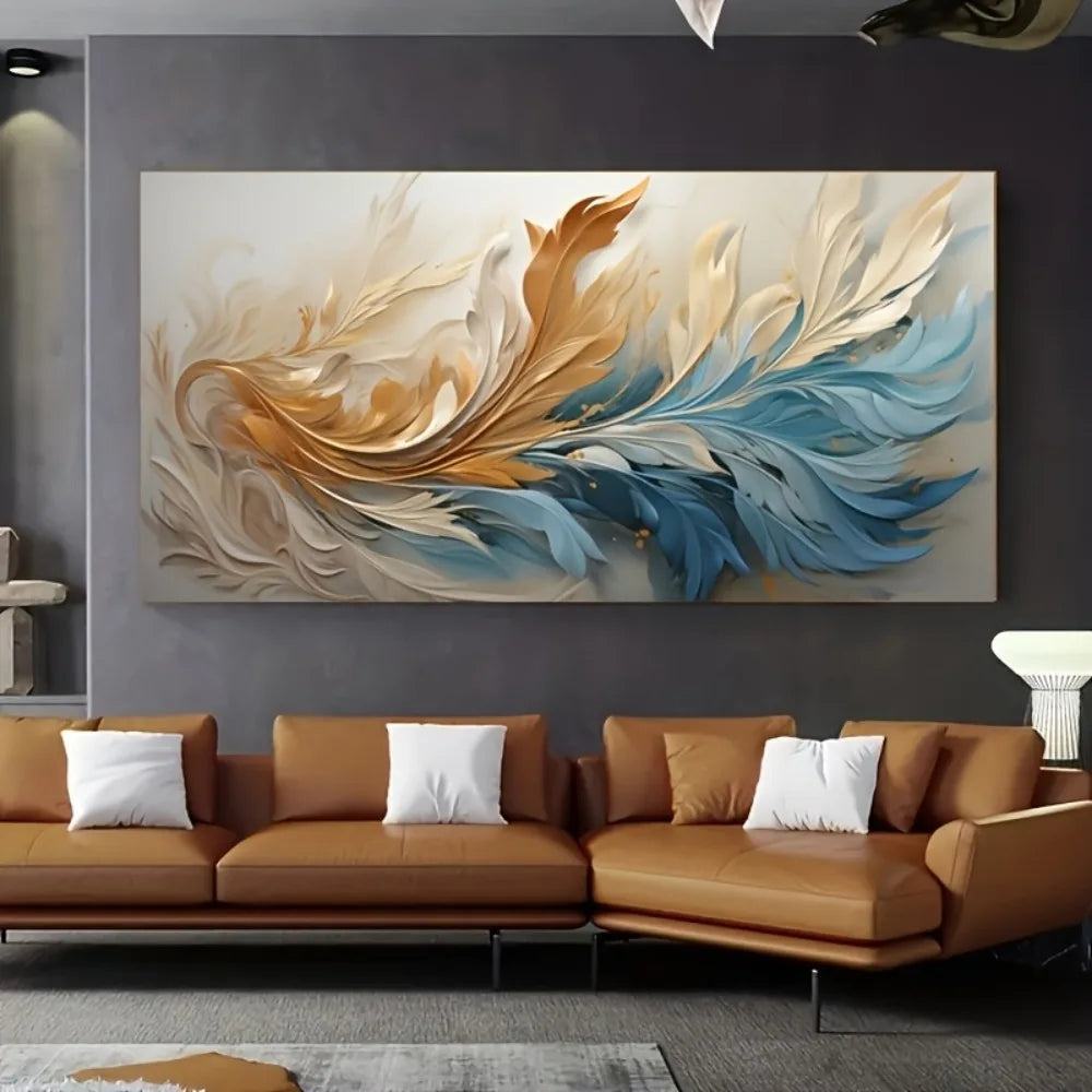 Modern Abstract Gold Feather Canvas ArModern Abstract Gold Feather Canvas At With Pine Wood Frame