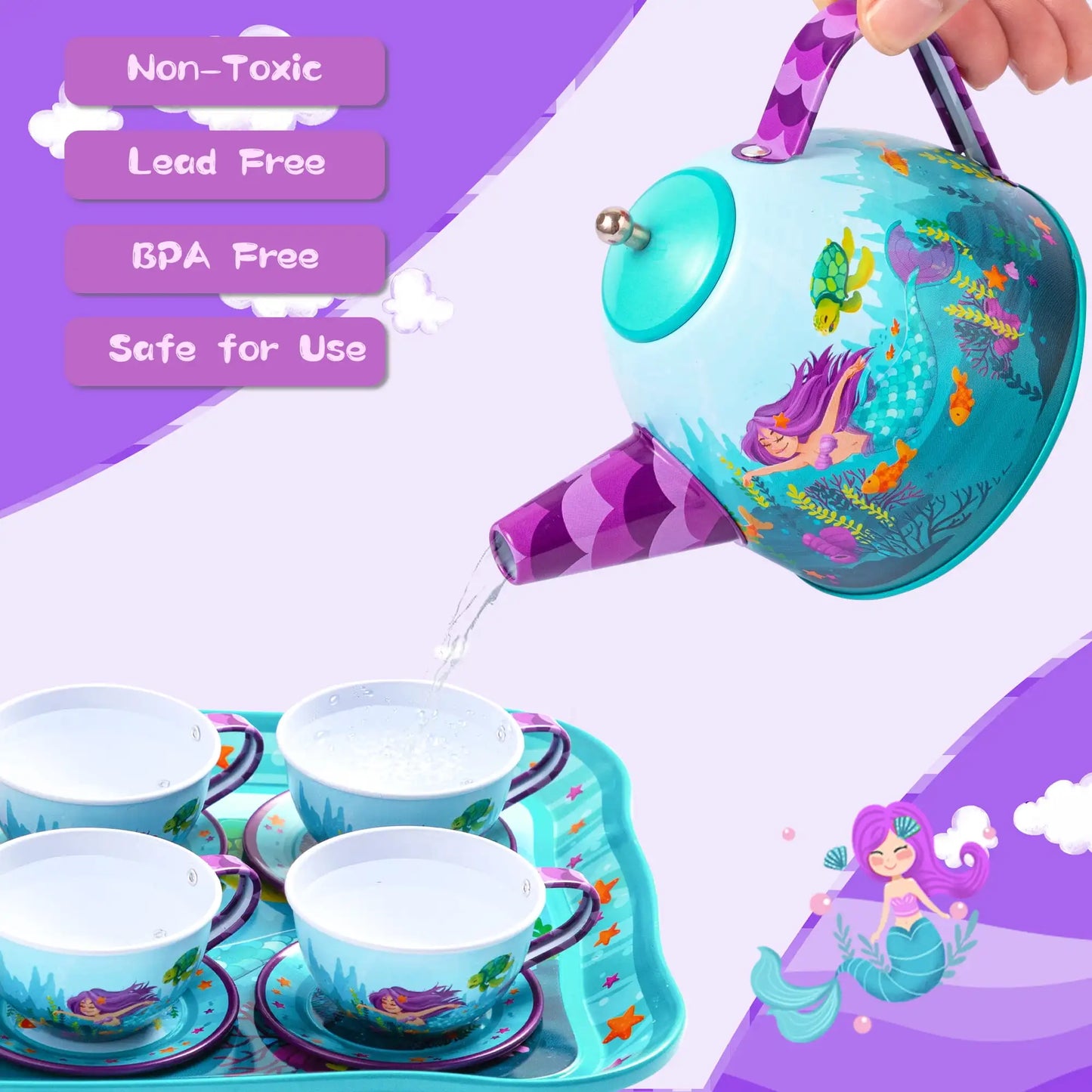Joyfy Mermaid Tea Set Kids Pretend Play Teapot Kitchen Toy
