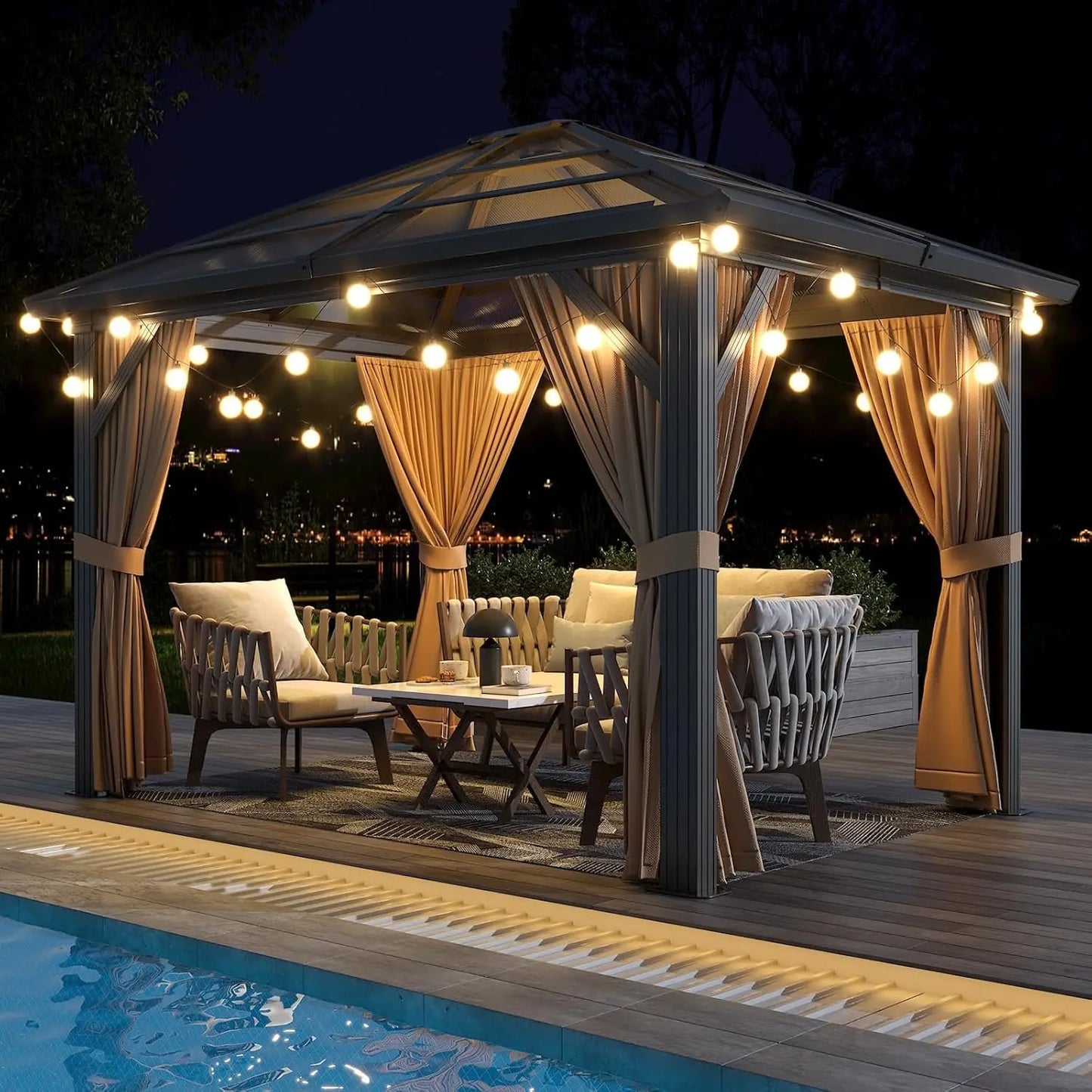 Hardtop Aluminum Gazebo With Mosquito Netting And Polycarbonate Panels