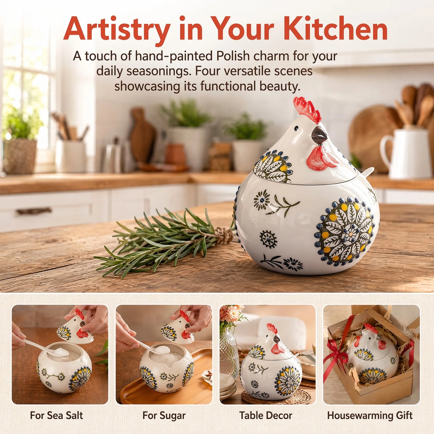 Ceramic Salt Cellar With Lid And Spoon Farmhouse Chicken Design