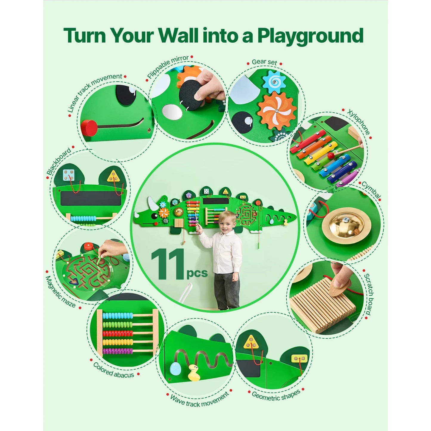 Dinosaur Kids Busy Wall Board With 11 Activity Panels Montessori Sensory Toy