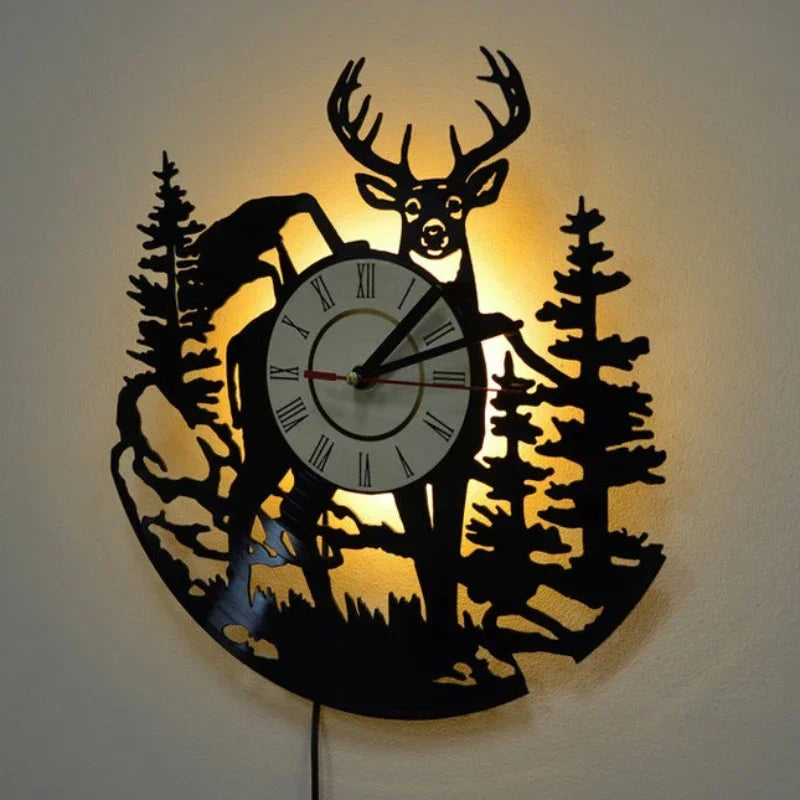 Forest Deer Vinyl Record Wall Clock LED Night Light