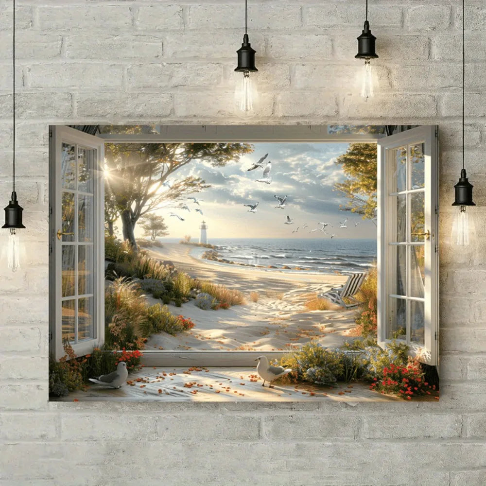 Coastal Lighthouse Seascape Canvas Art In Pine Frame
