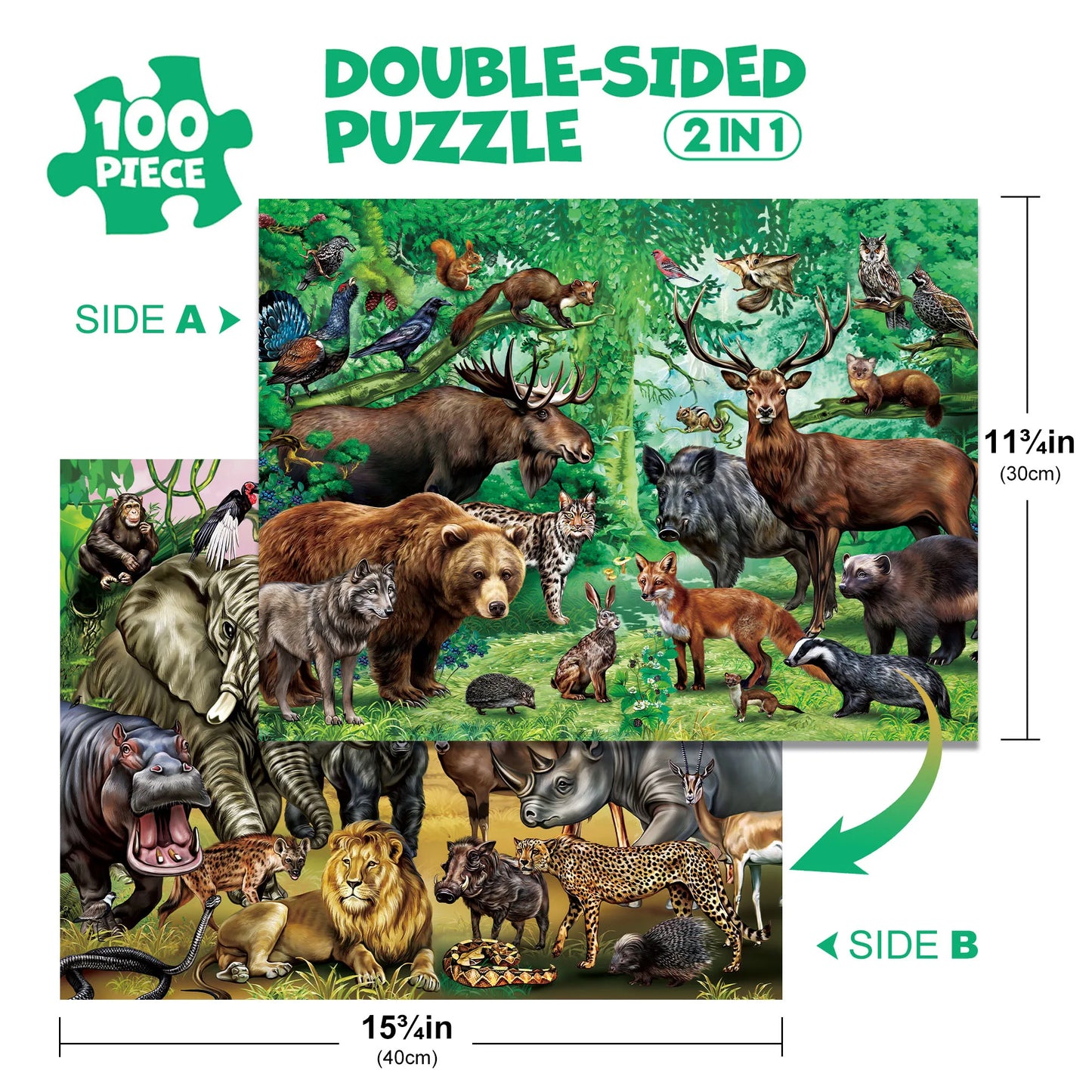 Wild Animals Double Sided 100 Piece Puzzles 2 In 1