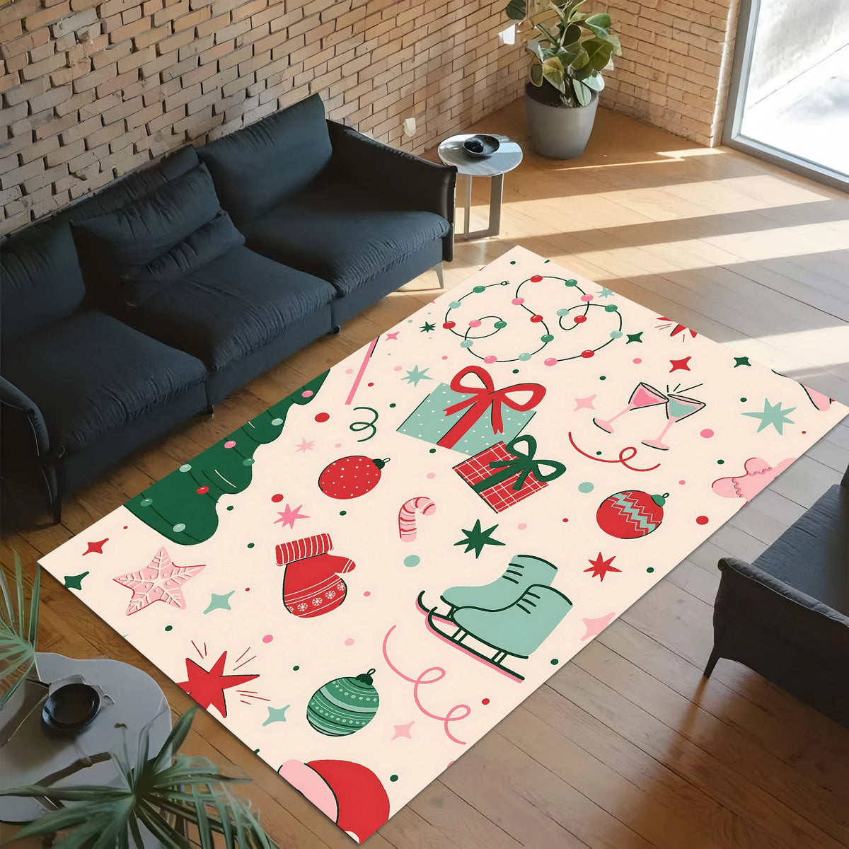 Cute Cartoon Christmas Velvet Area Rug For Living Room Bedroom