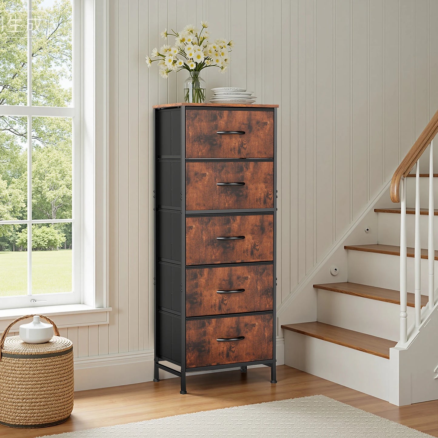 JHK Dresser With 5 Fabric Drawers Nightstand Wardrobe Steel Frame