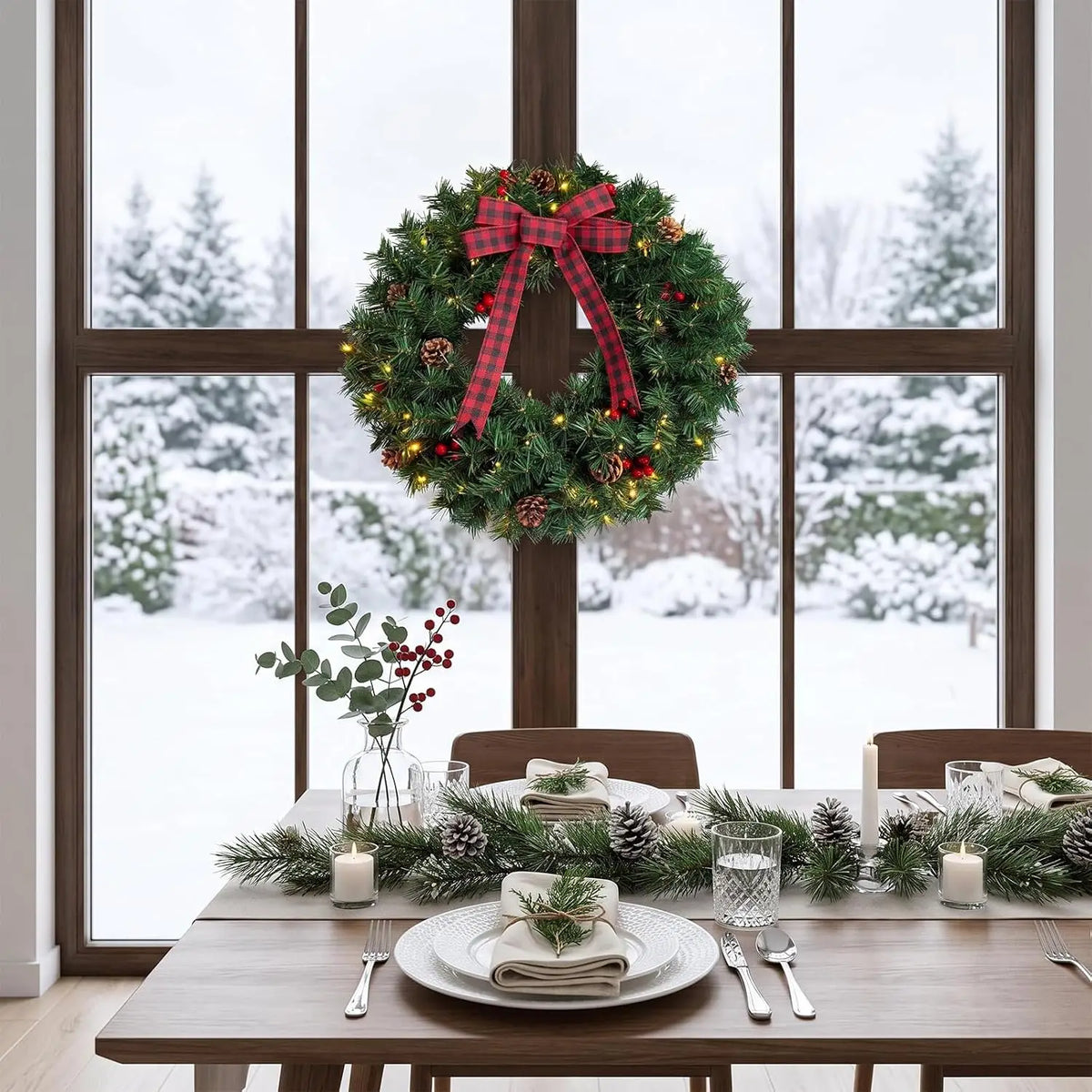 Tacleekii Artificial Christmas Wreath With Pinecones Bow And LEDs