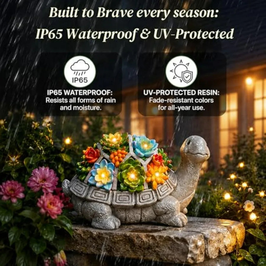 Solar Turtle Garden Statue With Succulent And 7 LED Lights