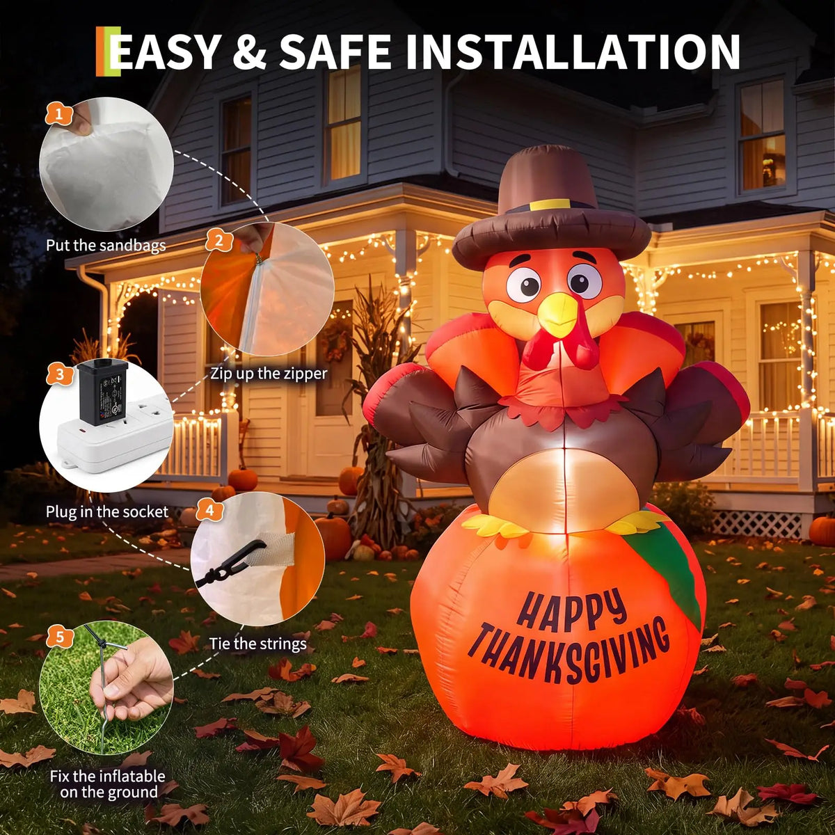 HiMISS Thanksgiving Inflatable Pumpkin Turkey LED Lights Outdoor Holiday Decor