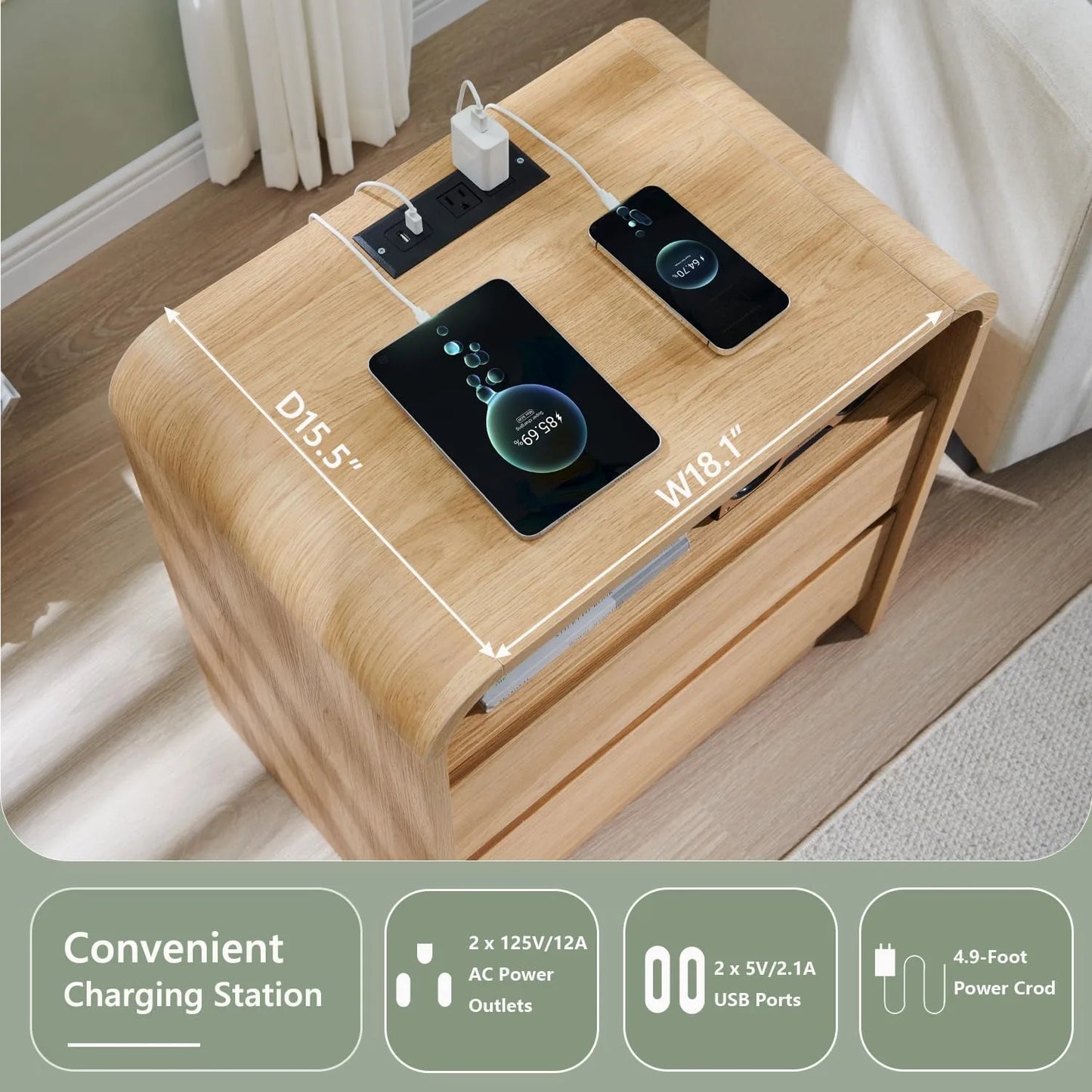 Wooden Nightstand With Charging Station And Two Storage Drawers
