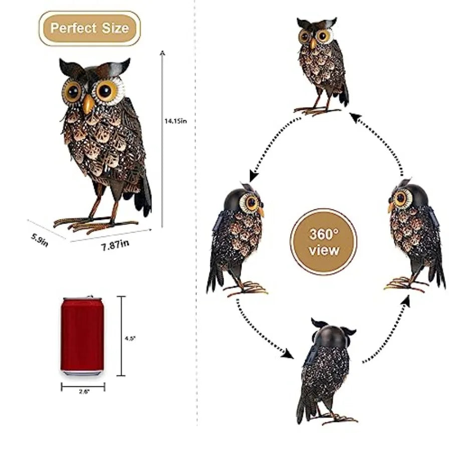 Metal Owl Garden Statue With Solar LED Lights For Patio