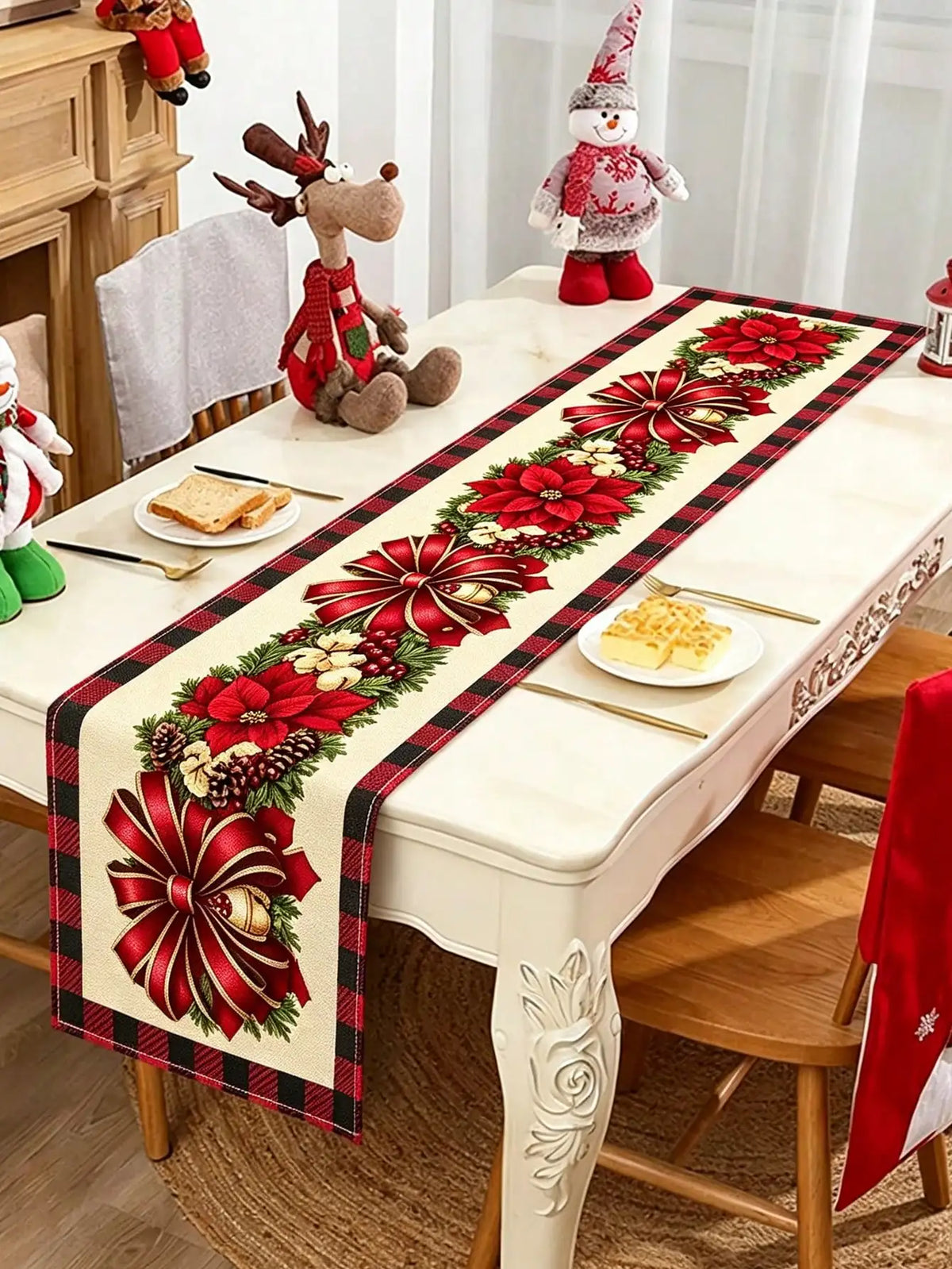 Christmas Floral Bow Table Runner Holiday Party Table Decoration