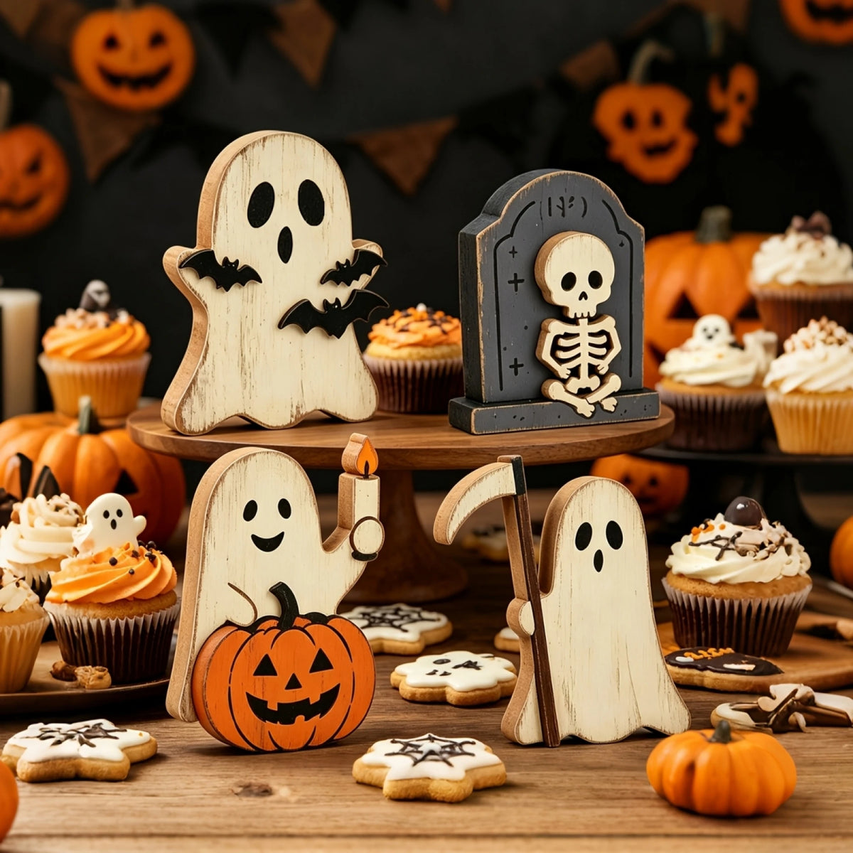 Spooky Halloween Mini Ghost Tiered Tray Home Decor Set