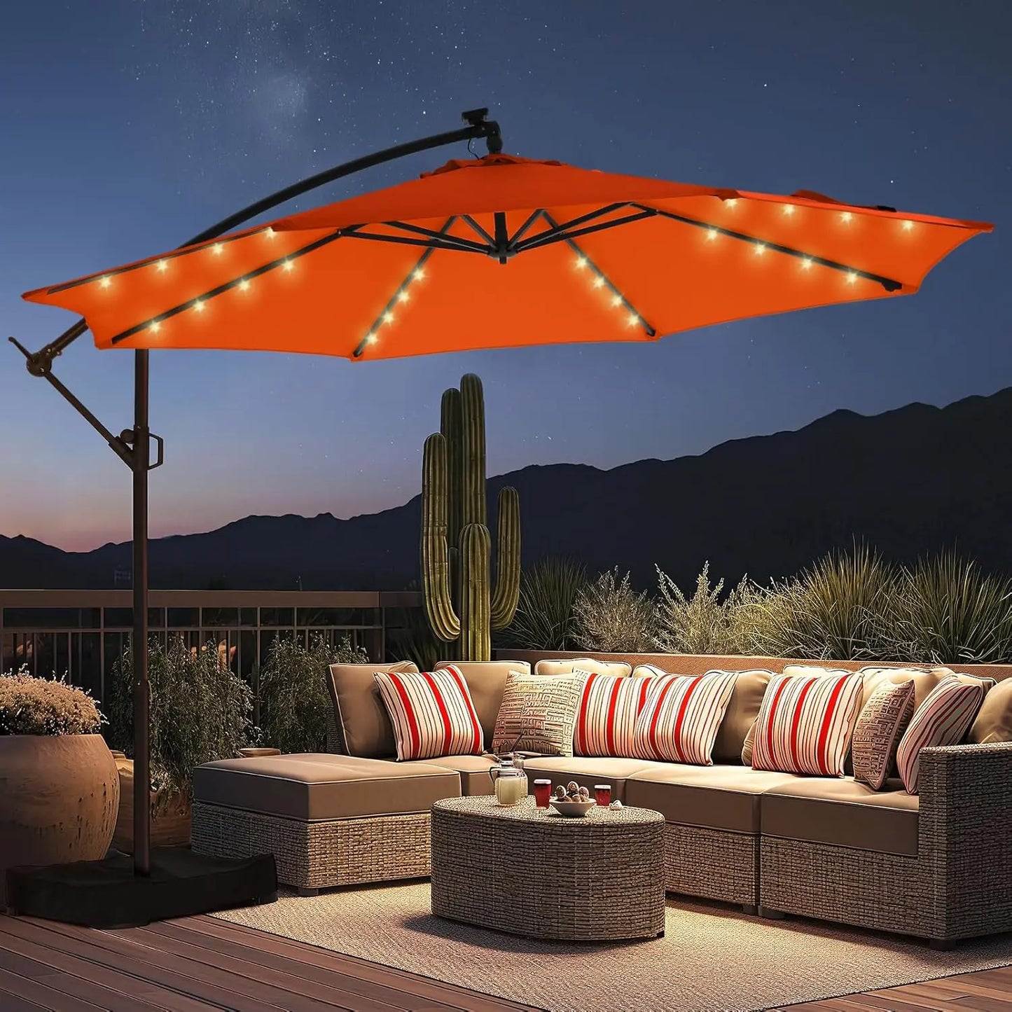 Solar Powered Offset Cantilever Umbrella With LED Lights And Base