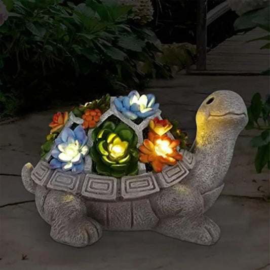 Solar Turtle Garden Statue With Succulent And 7 LED Lights