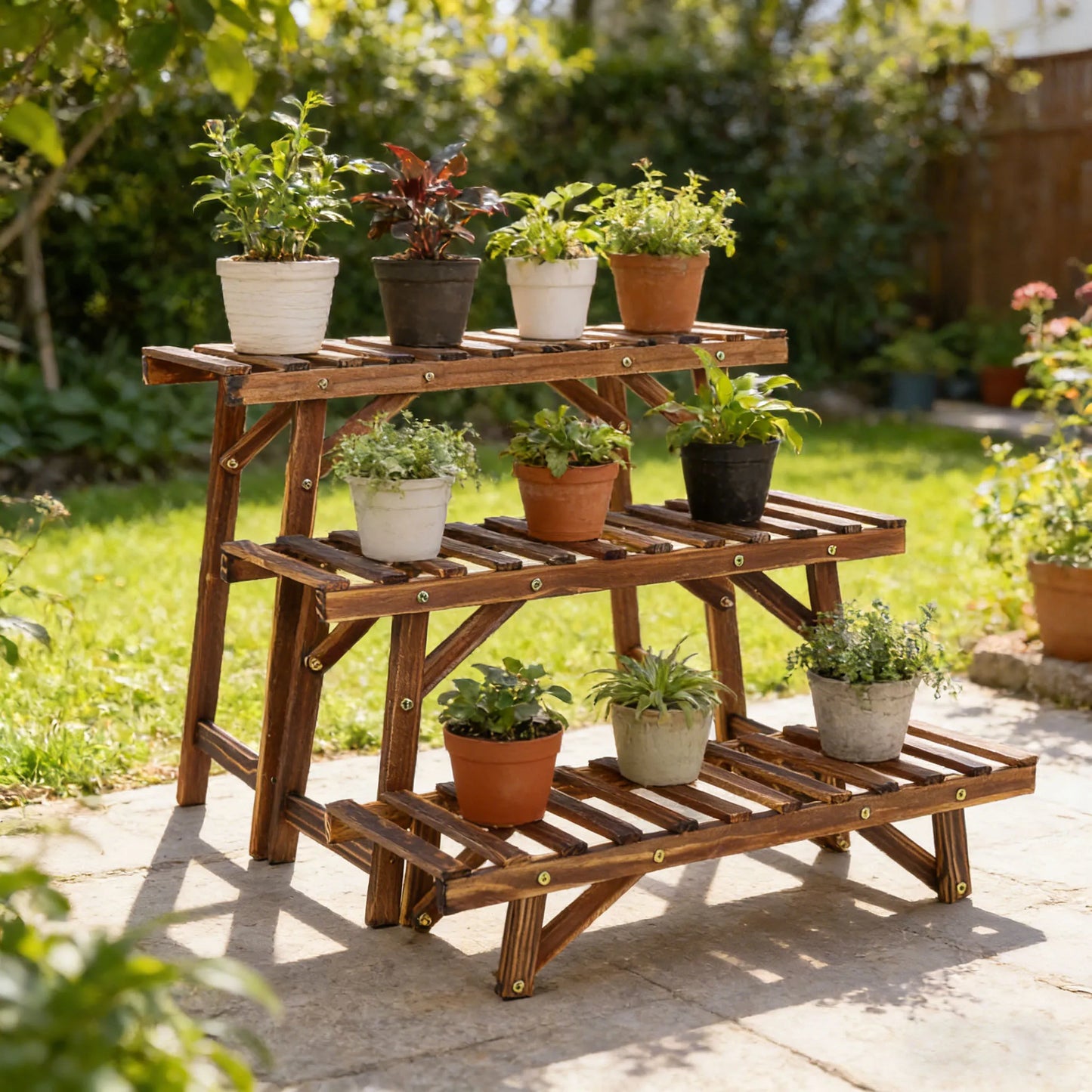 Three Tier Wood Plant Stand Vertical Shelf Indoor Outdoor Balcony