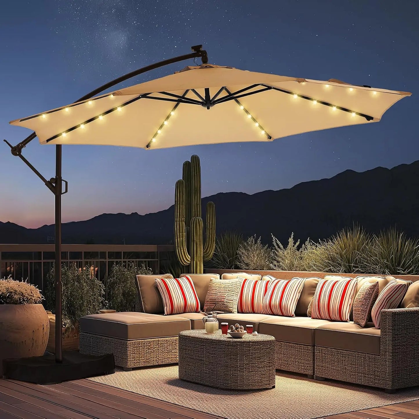 Solar Powered Offset Cantilever Umbrella With LED Lights And Base