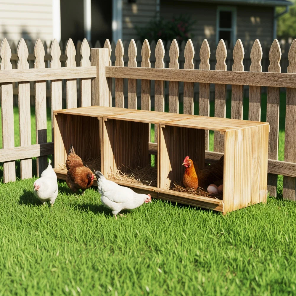 Pine Wood Chicken Nesting Box 3 Compartment Egg Nest Chickens