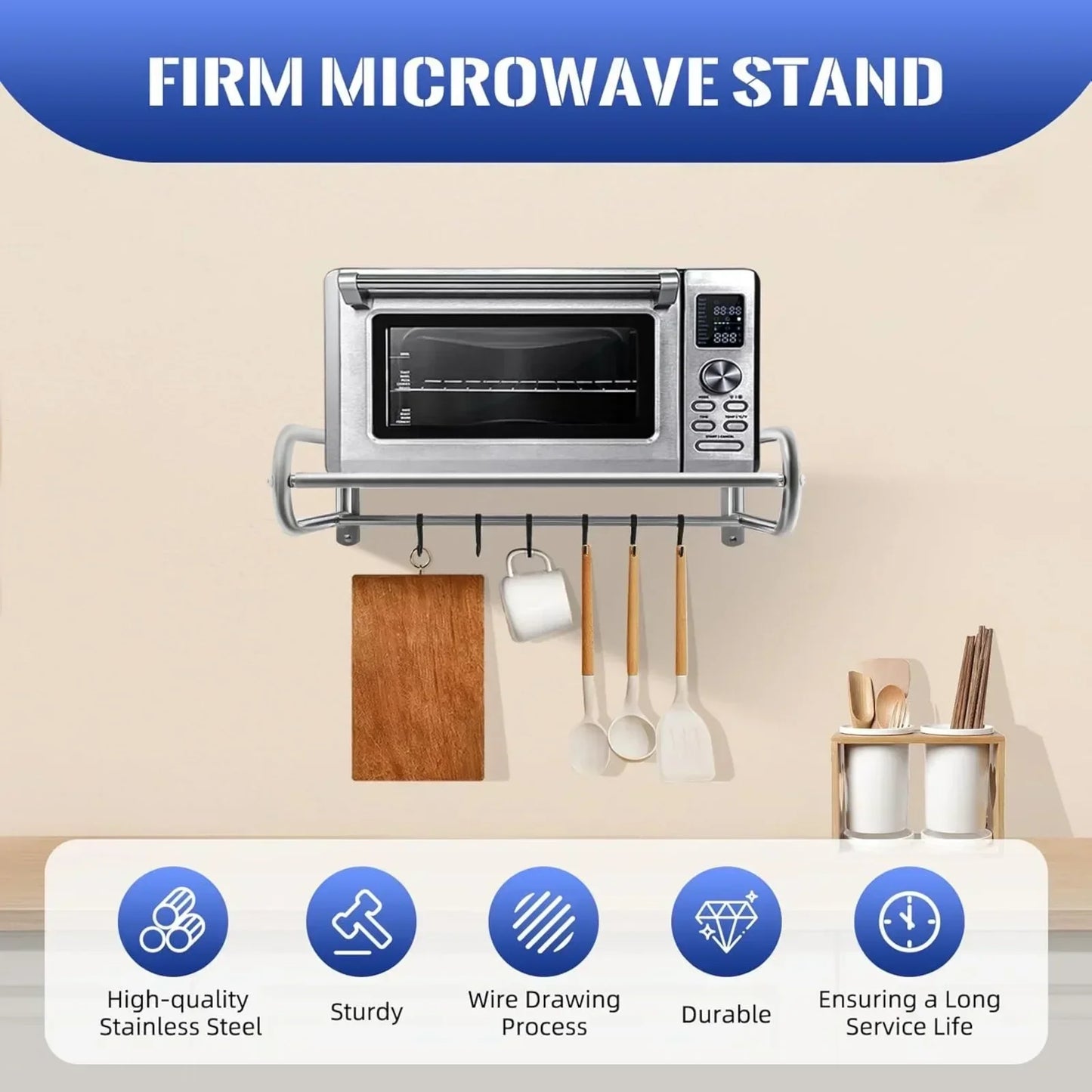 Stainless Steel Microwave Utensils Shelf Wall Mount With 6 Hooks