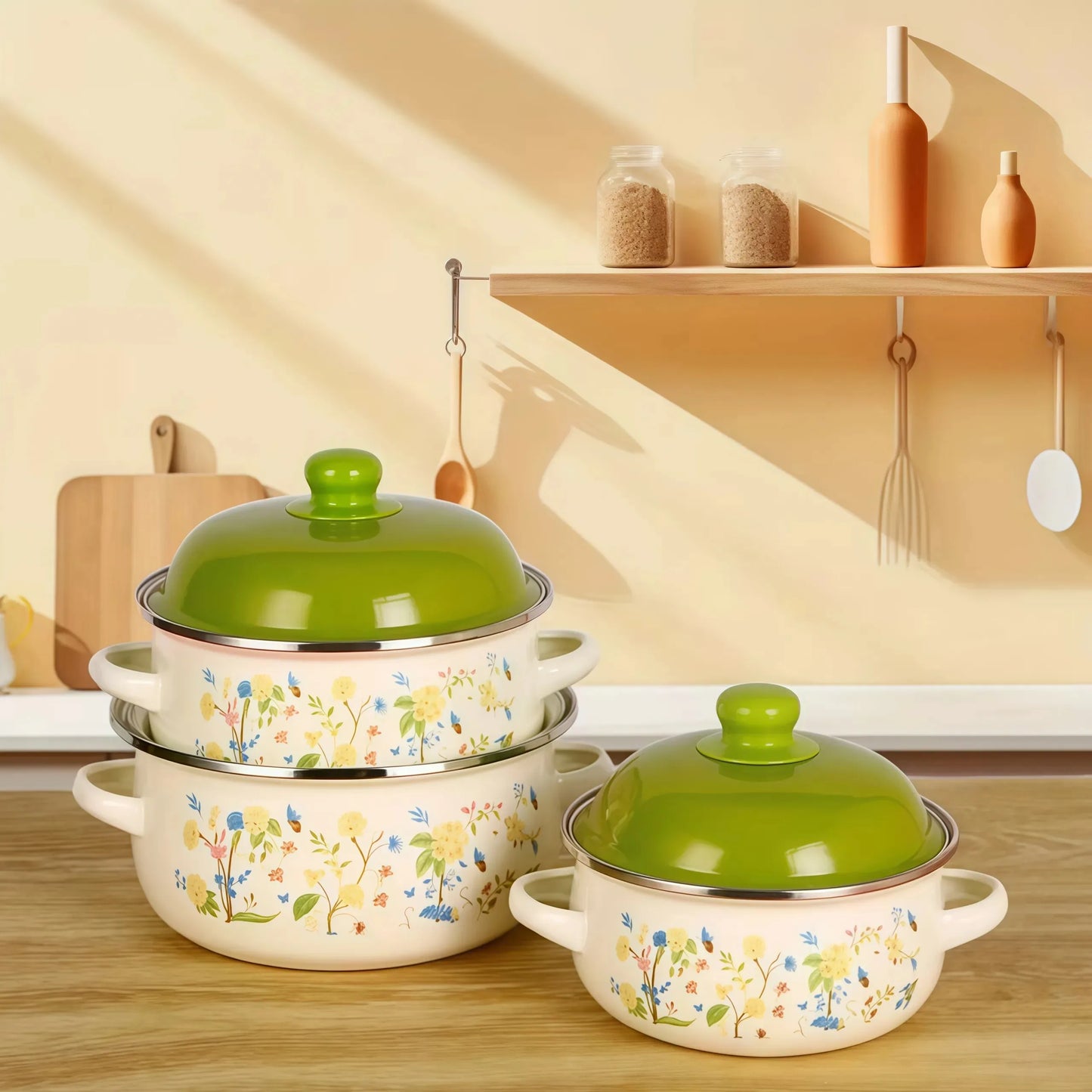 Vintage Enamel Stock Pot Set With Lids Three Piece Induction