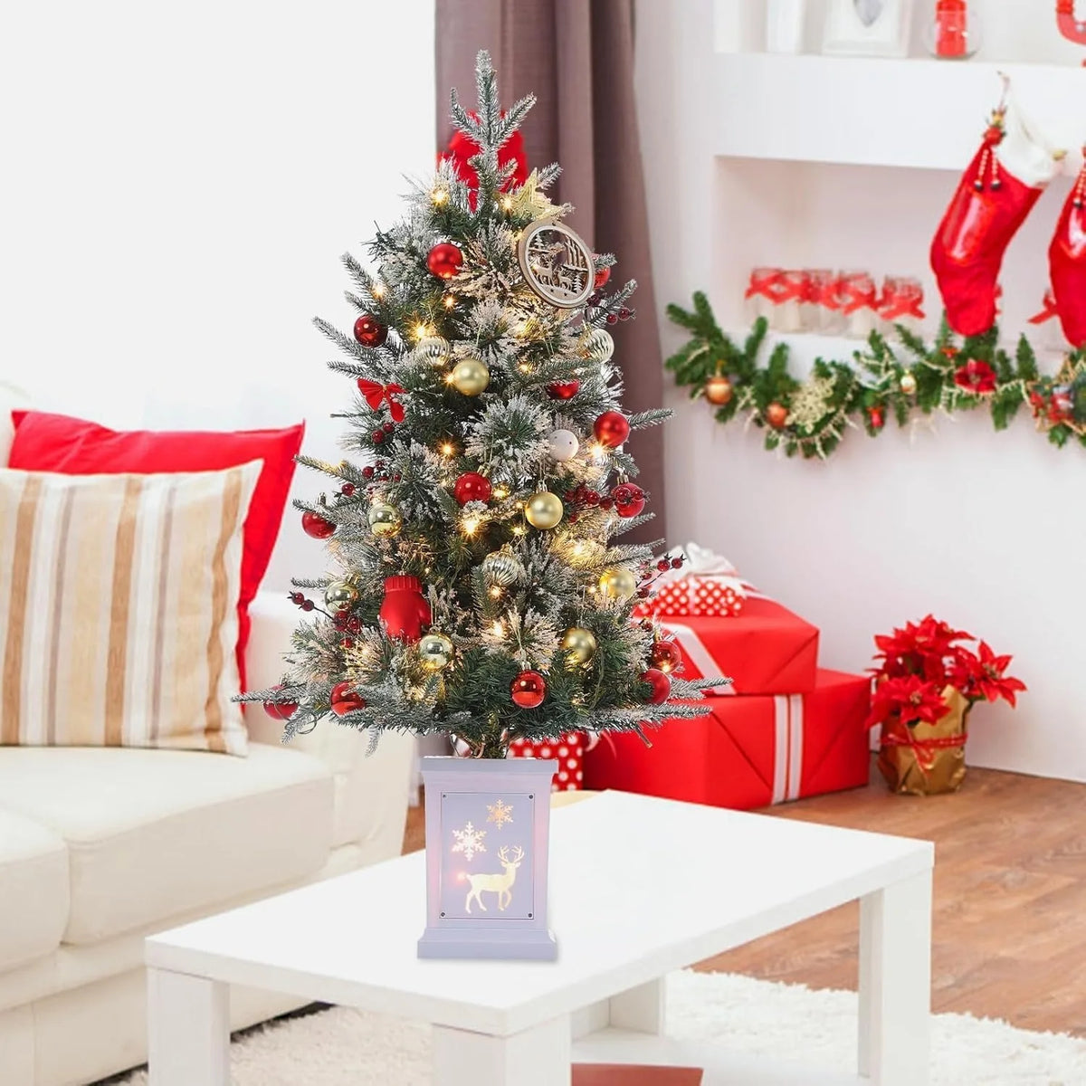 ANIXOL Pre Lit Snow Flocked Artificial Christmas Tree With Elk Base