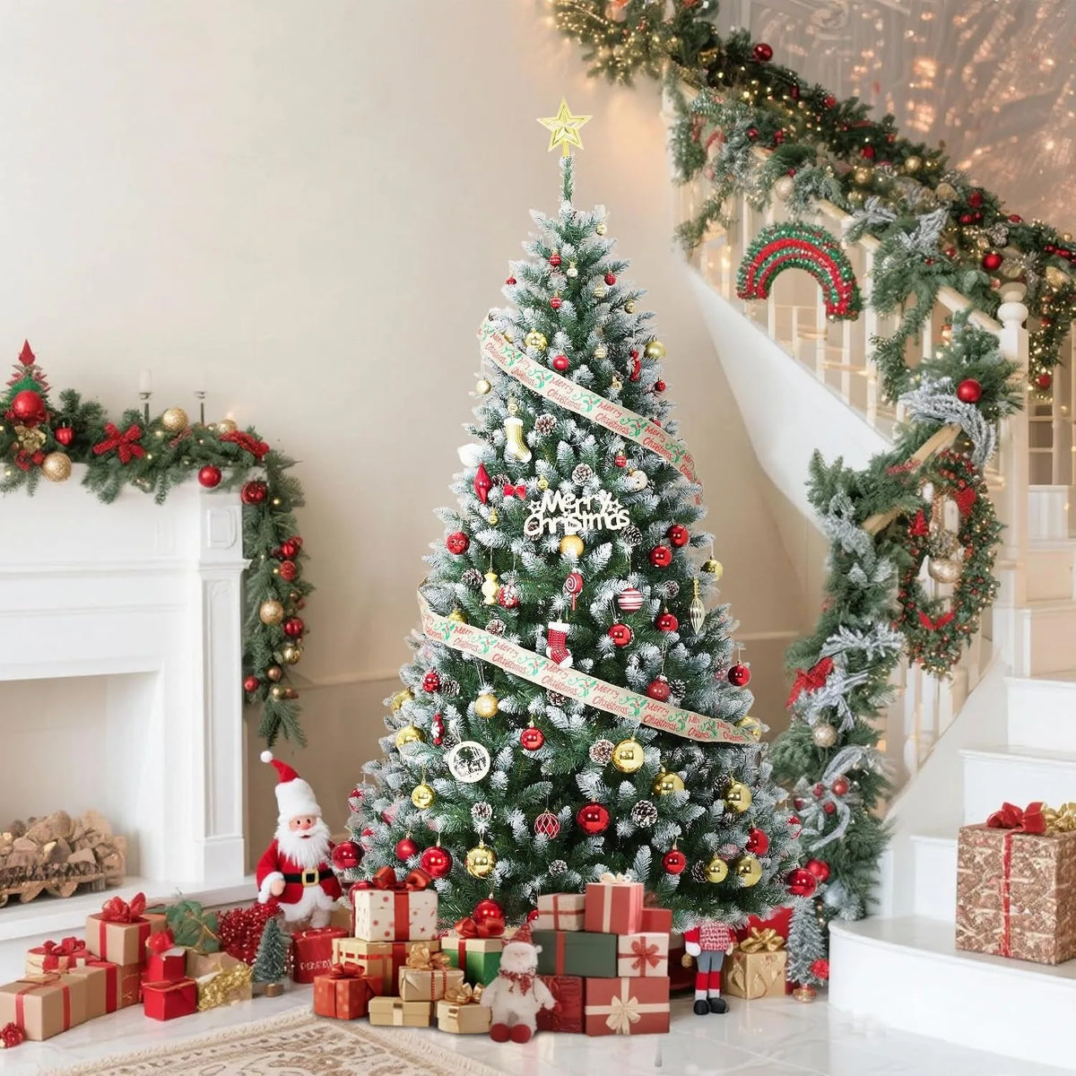 Pre Lit Snow Flocked Pencil Spruce Artificial Christmas Tree