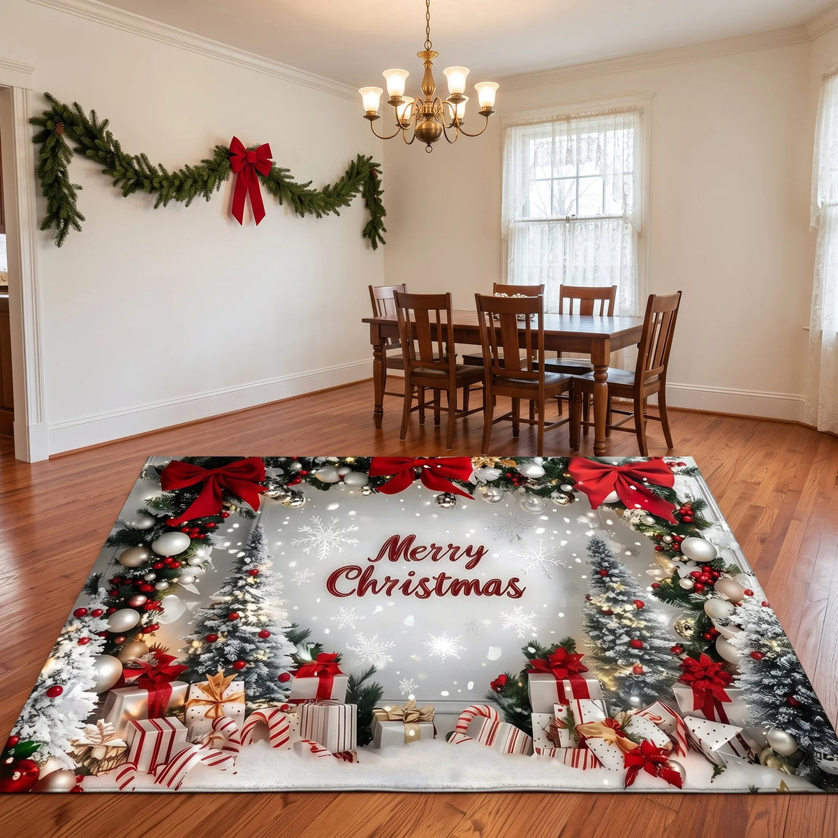 Christmas Wreaths Velvet Rug With Bows And Snowflakes Holiday Decor