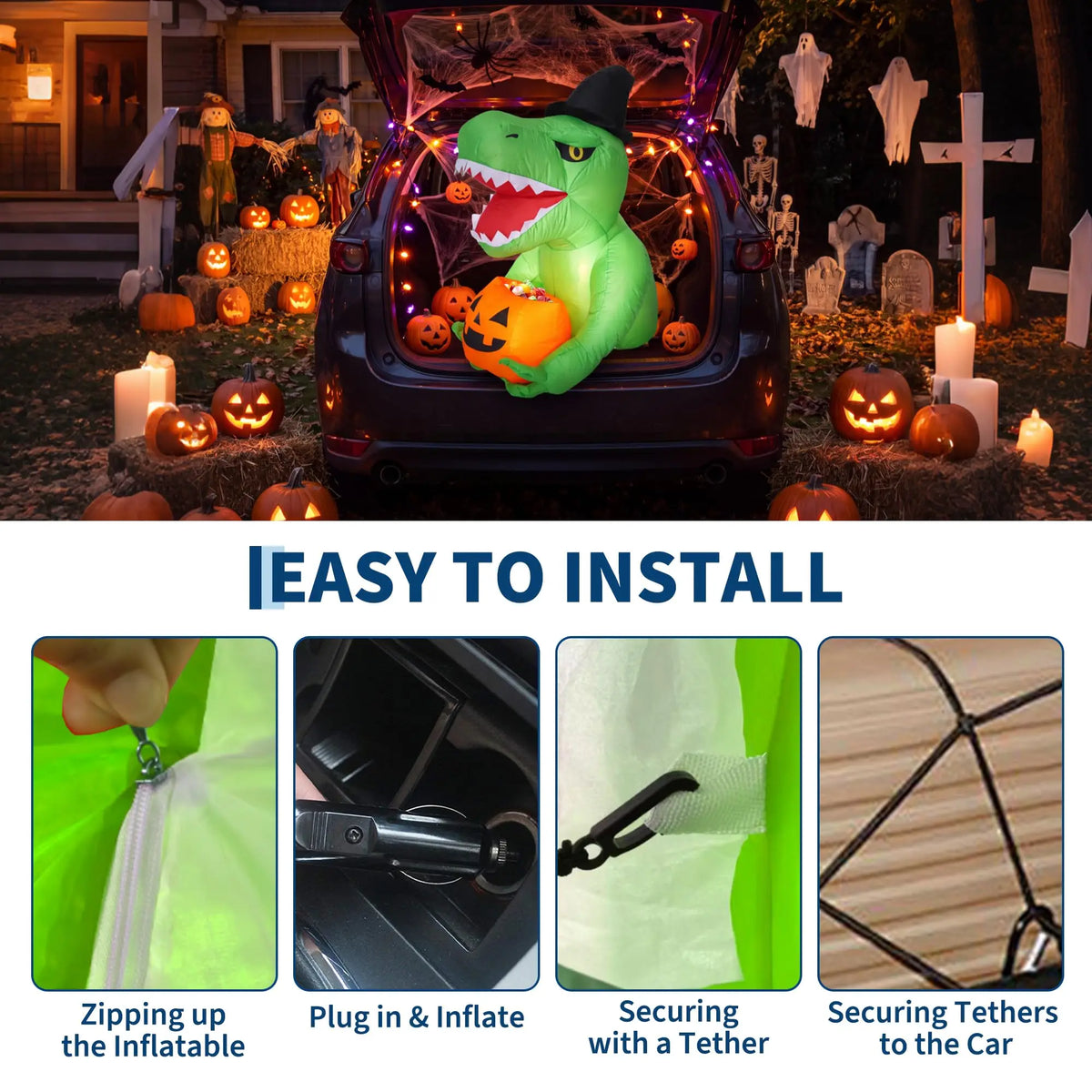 Animated Halloween Inflatable Dinosaur With Pumpkin LED Lights Outdoor Decoration