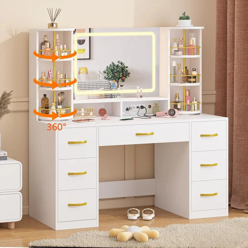 Makeup Vanity Desk With LED Mirror 360 Rotating Organizer And Charging Station