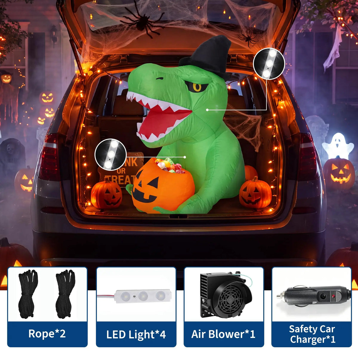 Animated Halloween Inflatable Dinosaur With Pumpkin LED Lights Outdoor Decoration