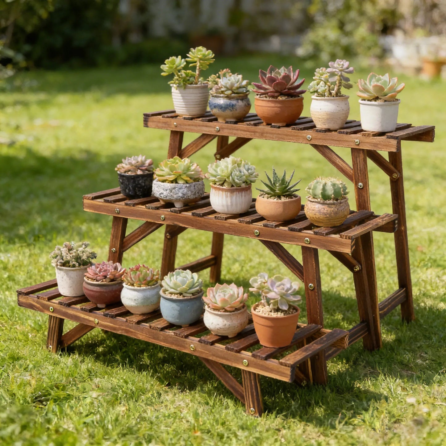 Three Tier Wood Plant Stand Vertical Shelf Indoor Outdoor Balcony