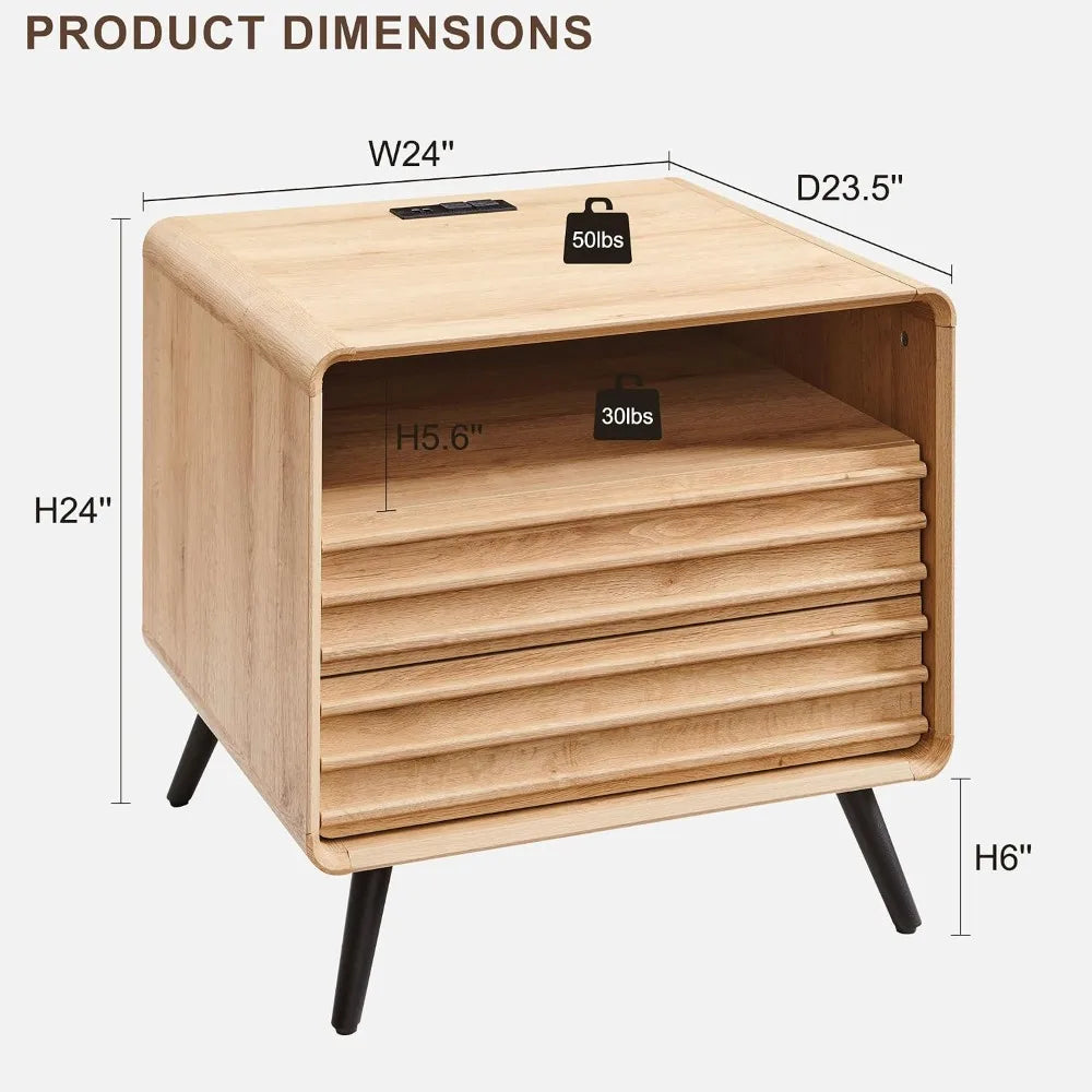 Mid Century Modern Nightstand With Charger Station And 2 Drawers
