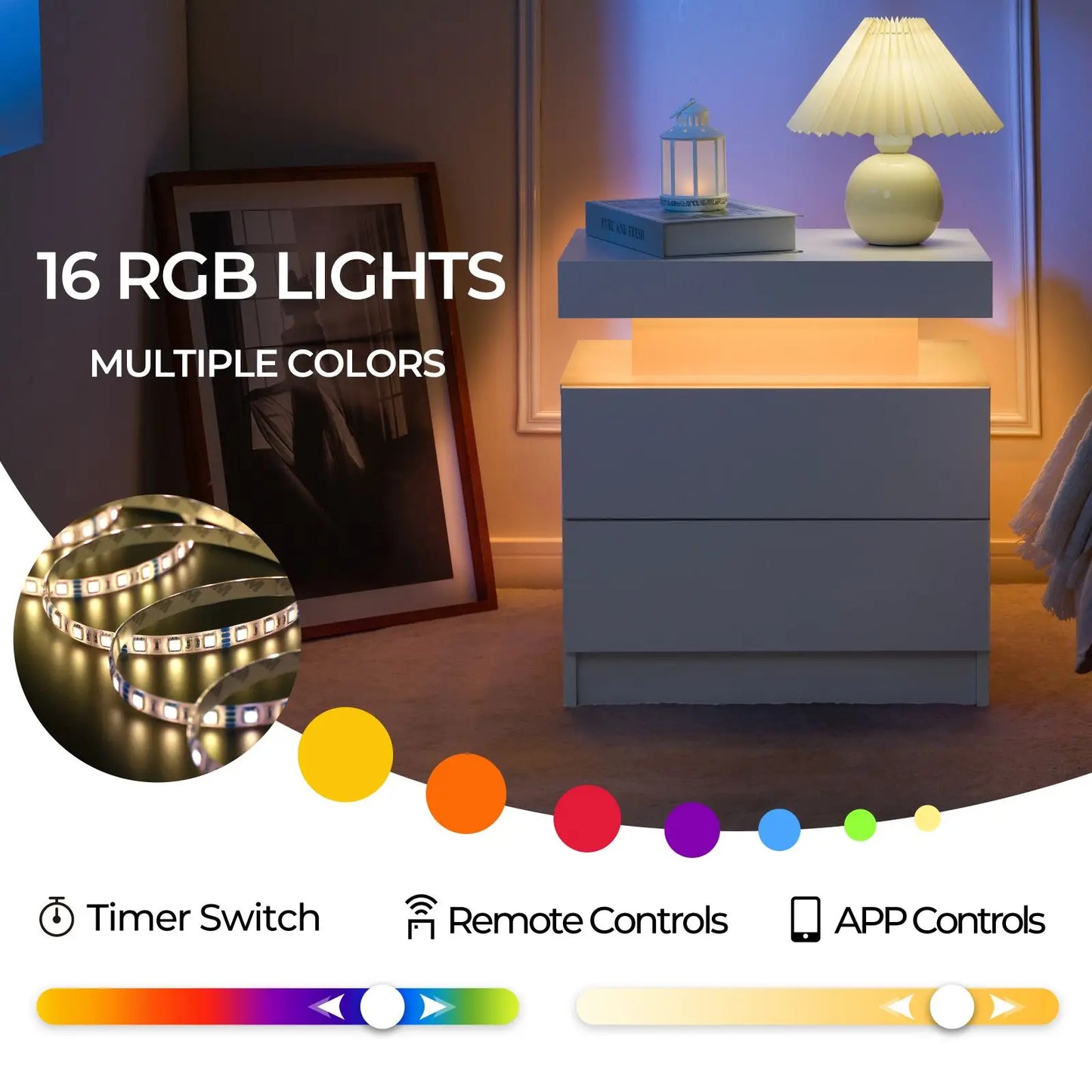 Cubehom Nightstand Set Of 2 With LED Drawers Bedside Table
