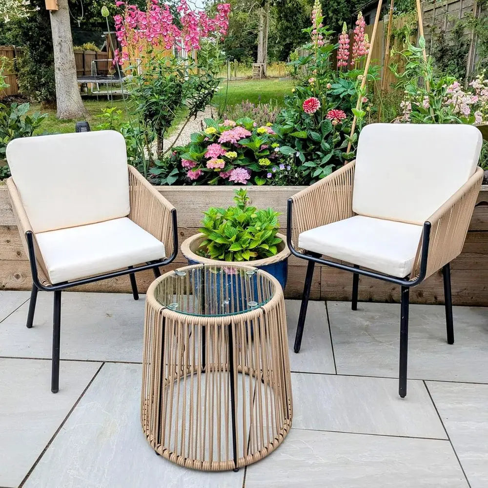 Outdoor PE Wicker ThreePiece Bistro Set With Glass Table Cushions