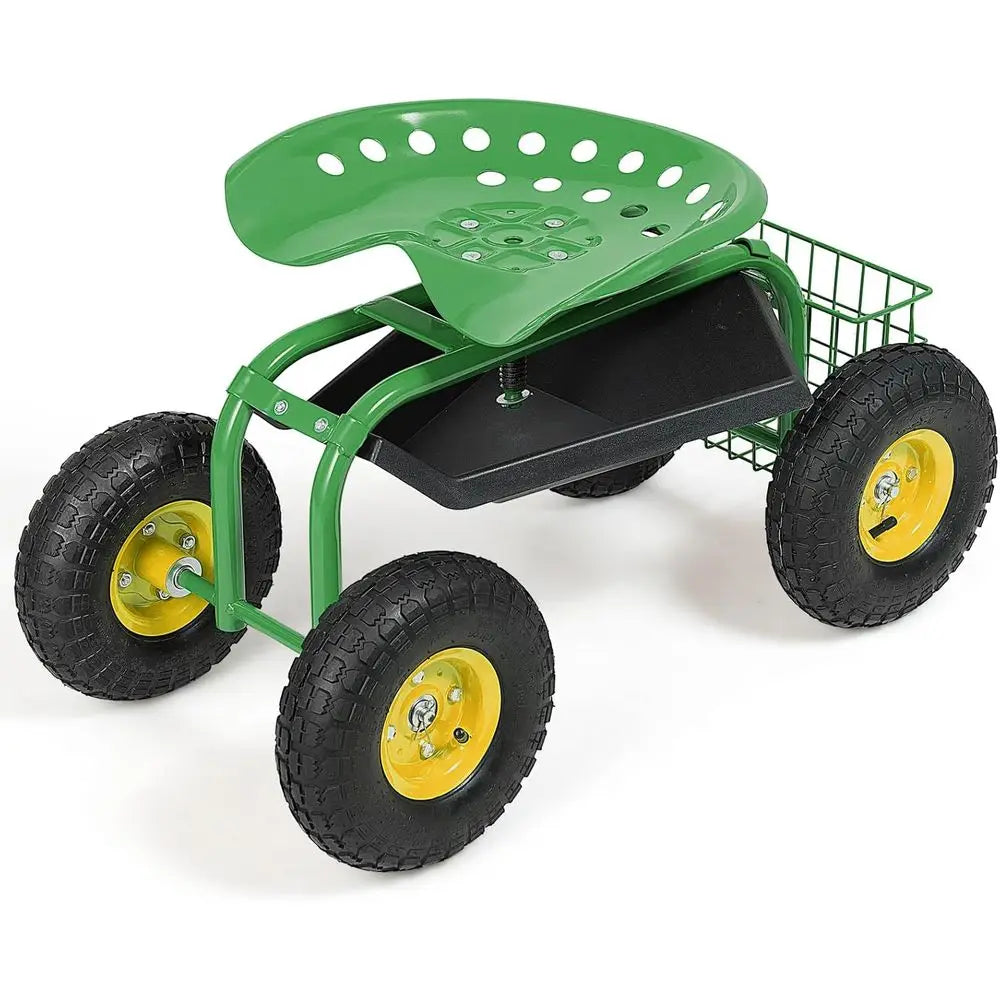 Adjustable Swivel Seat Rolling Garden Cart With Tool Tray And Basket Heavy Duty