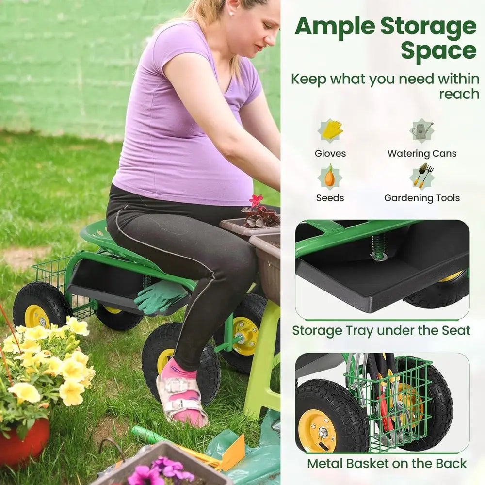 Adjustable Swivel Seat Rolling Garden Cart With Tool Tray And Basket Heavy Duty