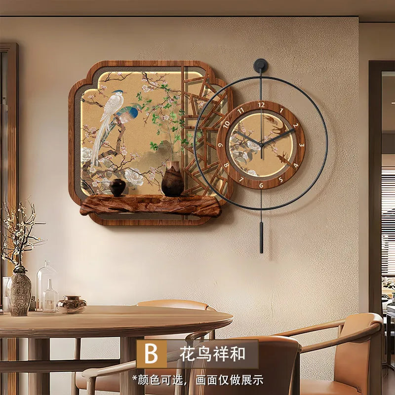 Chinese Flower and Bird Wall Clock Murals for Dining Room
